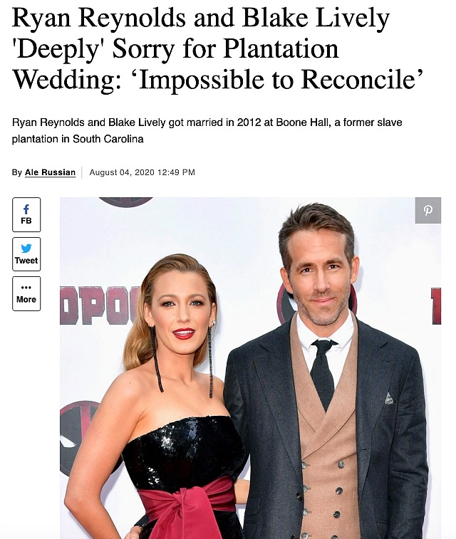 Ryan Reynolds and Blake Lively 'deeply and unreservedly sorry' for  plantation wedding